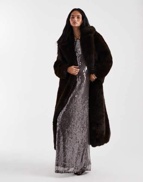 4th & Reckless - Oversized maxi jas van imitatiebont met gestrikte taille in chocoladebruin - view 1
