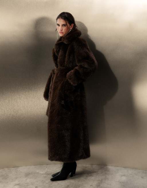 4th & Reckless - Oversized maxi jas van imitatiebont met gestrikte taille in chocoladebruin, 4 van 5