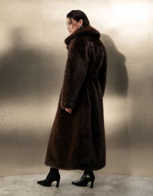 4th & Reckless - Oversized maxi jas van imitatiebont met gestrikte taille in chocoladebruin, 5 van 5