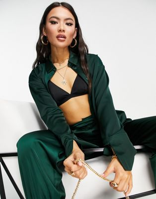 4th & Reckless oversized satin shirt co ord in forest green