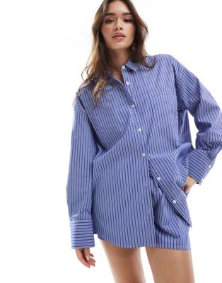 4th & Reckless Oversized Shirt In Blue Stripe - Part Of A Set In White