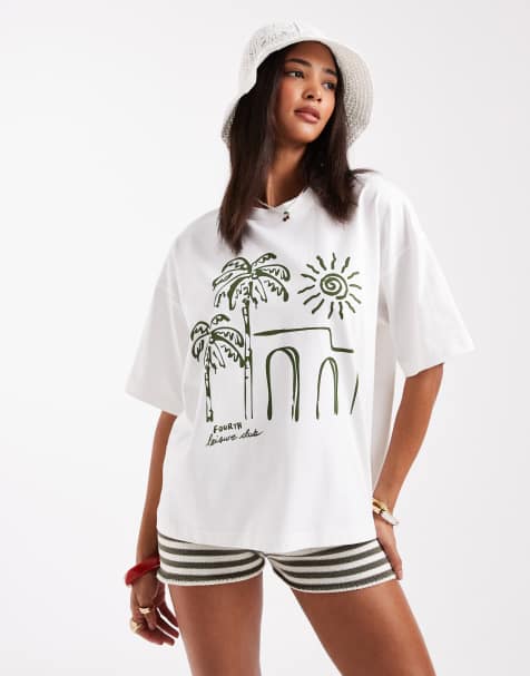 4th & Reckless - Oversized T-shirt met palmboomprint in gebroken wit - view 1
