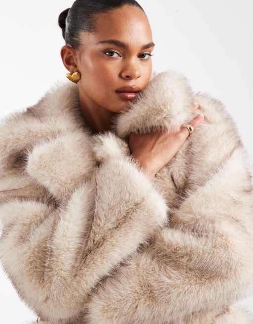 4th & Reckless oversized tie waist faux fur maxi coat in beige