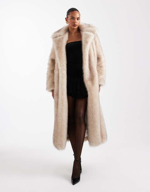 4th & Reckless oversized tie waist faux fur maxi coat in beige