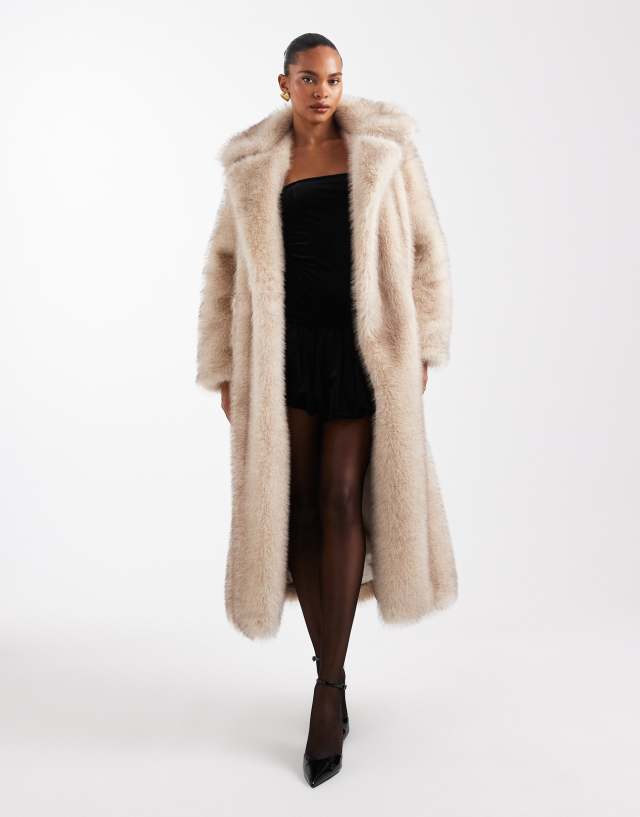 4th & Reckless oversized tie waist faux fur maxi coat in beige | ASOS