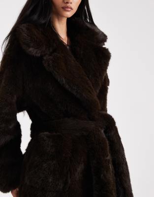 4th & Reckless Oversized Tie Waist Faux Fur Maxi Coat In Brown