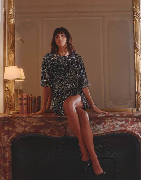 4th & Reckless – Pailletten-Minikleid in Schwarz mit Bindedetail aus Samt am Rücken - view 1