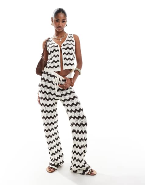 4th & Reckless - Pantalon ample de plage d'ensemble en maille crochetée ondulée - Crème et chocolat - view 1