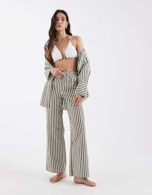 Pantalon de plage d'ensemble ample en coton rayé avec taille élastique - Olive/blanc-Vert 40