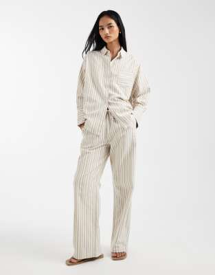Pantalon de plage d'ensemble ample en coton rayé léger - Beige-Multicolore 34