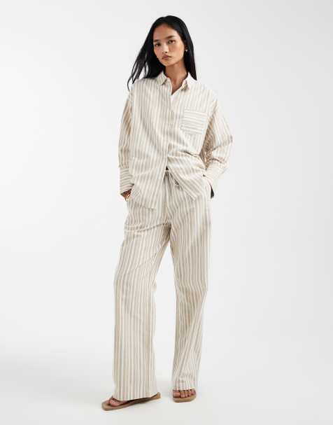 4th & Reckless - Pantalon de plage d'ensemble ample en coton rayé léger - Beige - view 1