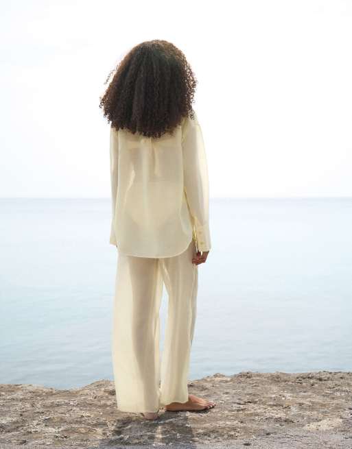 4th & Reckless - Pantalon de plage d'ensemble droit semi-transparent à taille élastique - Jaune, 3 de 4