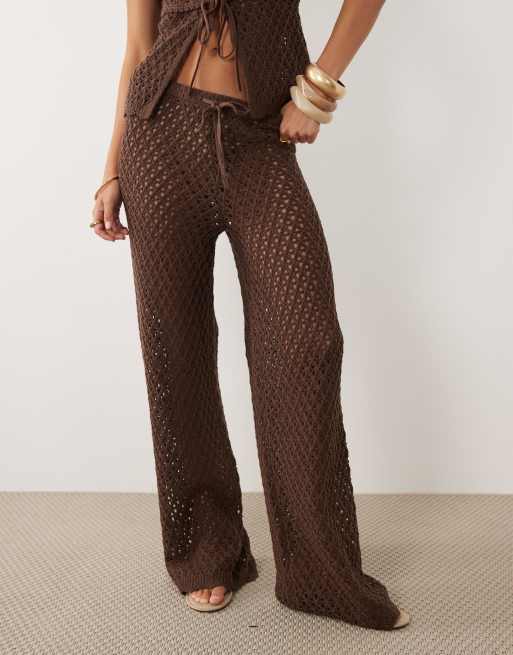 4th & Reckless - Pantalon de plage d'ensemble large en coton mélangé crocheté avec liens à la taille - Chocolat, 3 de 6