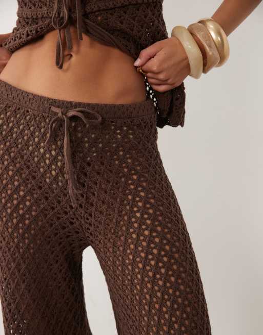 4th & Reckless - Pantalon de plage d'ensemble large en coton mélangé crocheté avec liens à la taille - Chocolat, 4 de 6