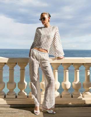 Pantalon de plage d'ensemble large en tulle transparent à pois avec taille élastique - Blanc 42