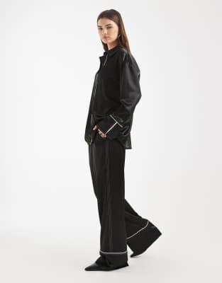 Pantalon large d'ensemble à taille élastique et bordure contrastante - Noir 40
