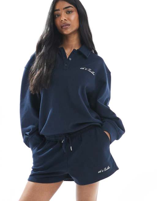 4th & Reckless - Pantaloncini della tuta in cotone blu navy con logo ricamato e rovescio a ricci in coordinato, 4 di 5