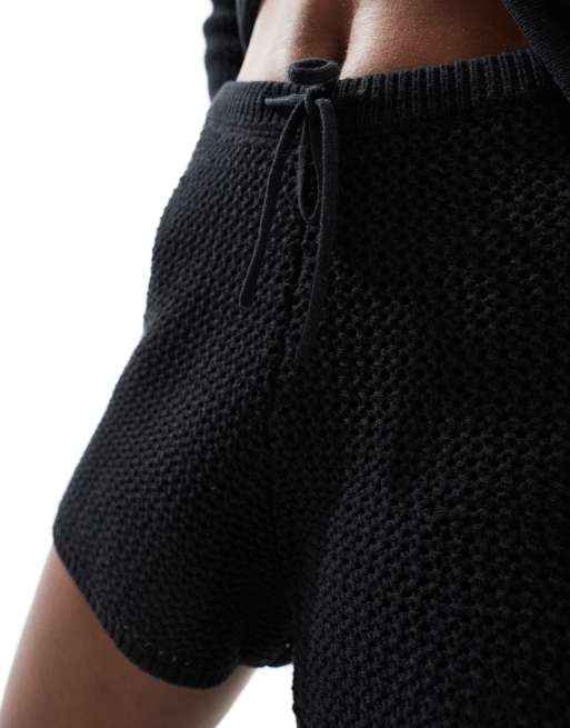 4th + Reckless - Pantaloncini neri da spiaggia all'uncinetto con laccio sul davanti in coordinato, 5 di 5