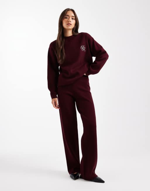 4th + Reckless - Coordinato in maglia bordeaux con pantaloni con fondo ampio e maglione con logo ricamato, 2 di 3