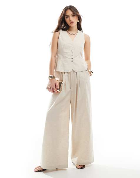 4th & Reckless - Pantaloni a fondo ampio sartoriali in misto lino beige con girovita arricciato in coordinato - view 1
