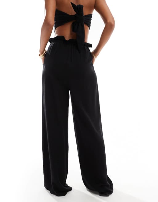 4th & Reckless - Pantaloni da mare neri in misto lino con coulisse in vita, 4 di 5