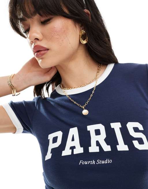 4th & Reckless Paris logo contrast edge t-shirt in navy