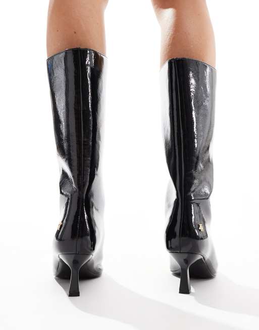 4th Reckless patent kitten heel pointed calf boots in black