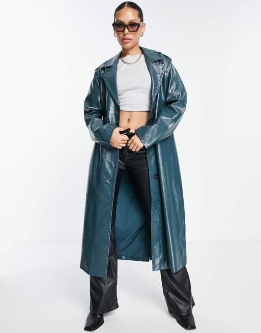 4th Reckless patent leather look longline coat in petrol blue