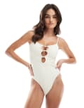 [4th & Reckless] 4th & Reckless pearl trim cutout high leg swimsuit in cream-White 14 Cream