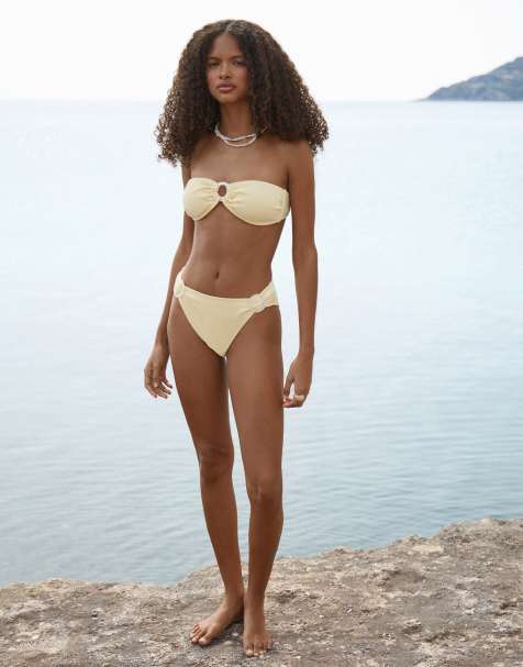 4th & Reckless pearlescent ring detailed crinkle bikini bottoms in yellow - part of a set - view 1