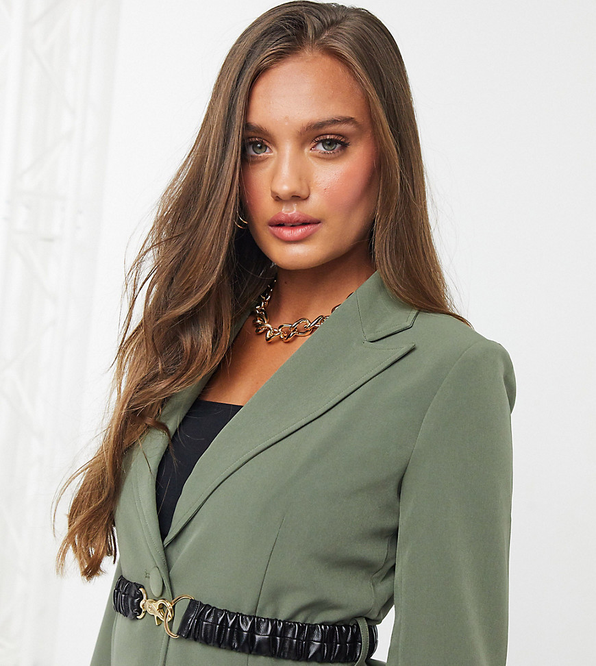 4th + Reckless Petite blazer with contrast belt in khaki-Green