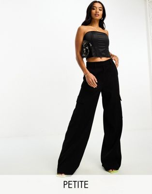 4th & Reckless Petite tailored wide leg pocket detail trousers in black