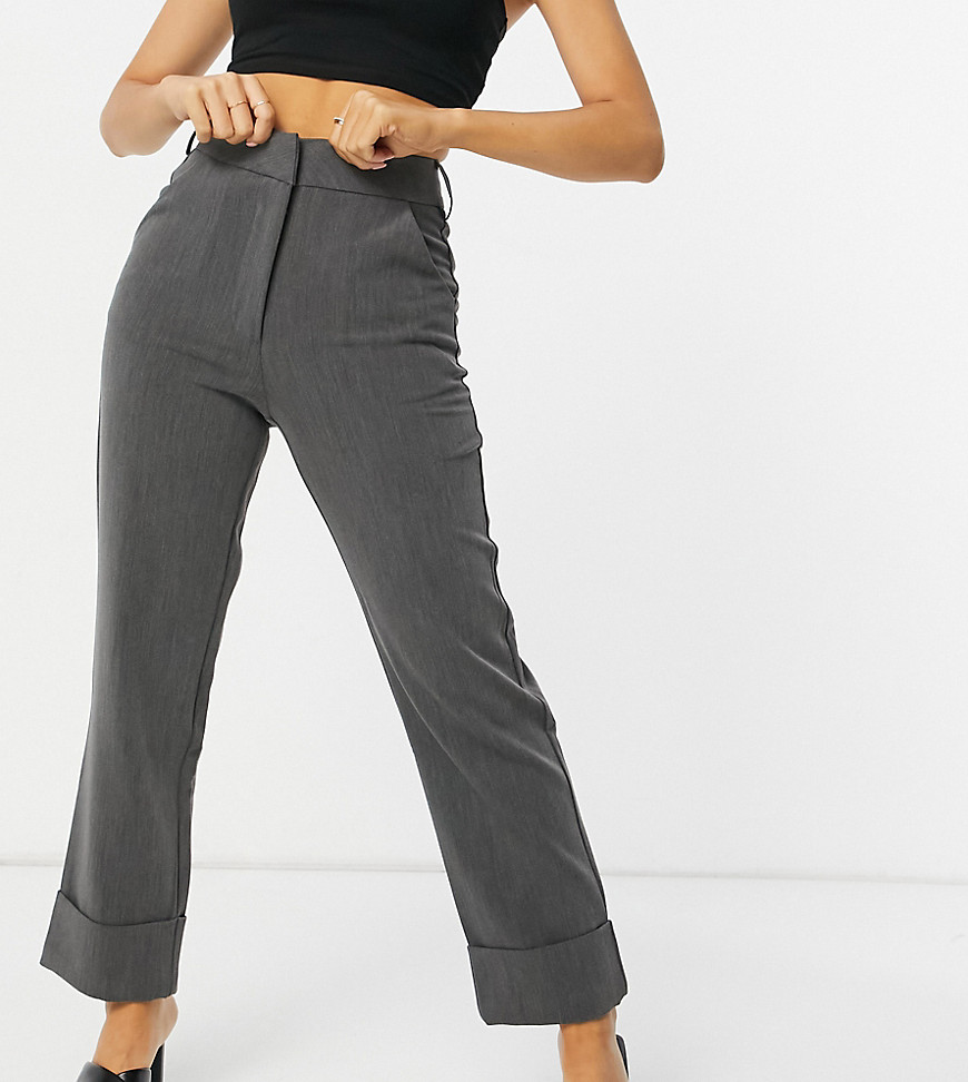 4th & Reckless Petite Cigarette Pants With Folded Hem Detail In Dark Gray-grey