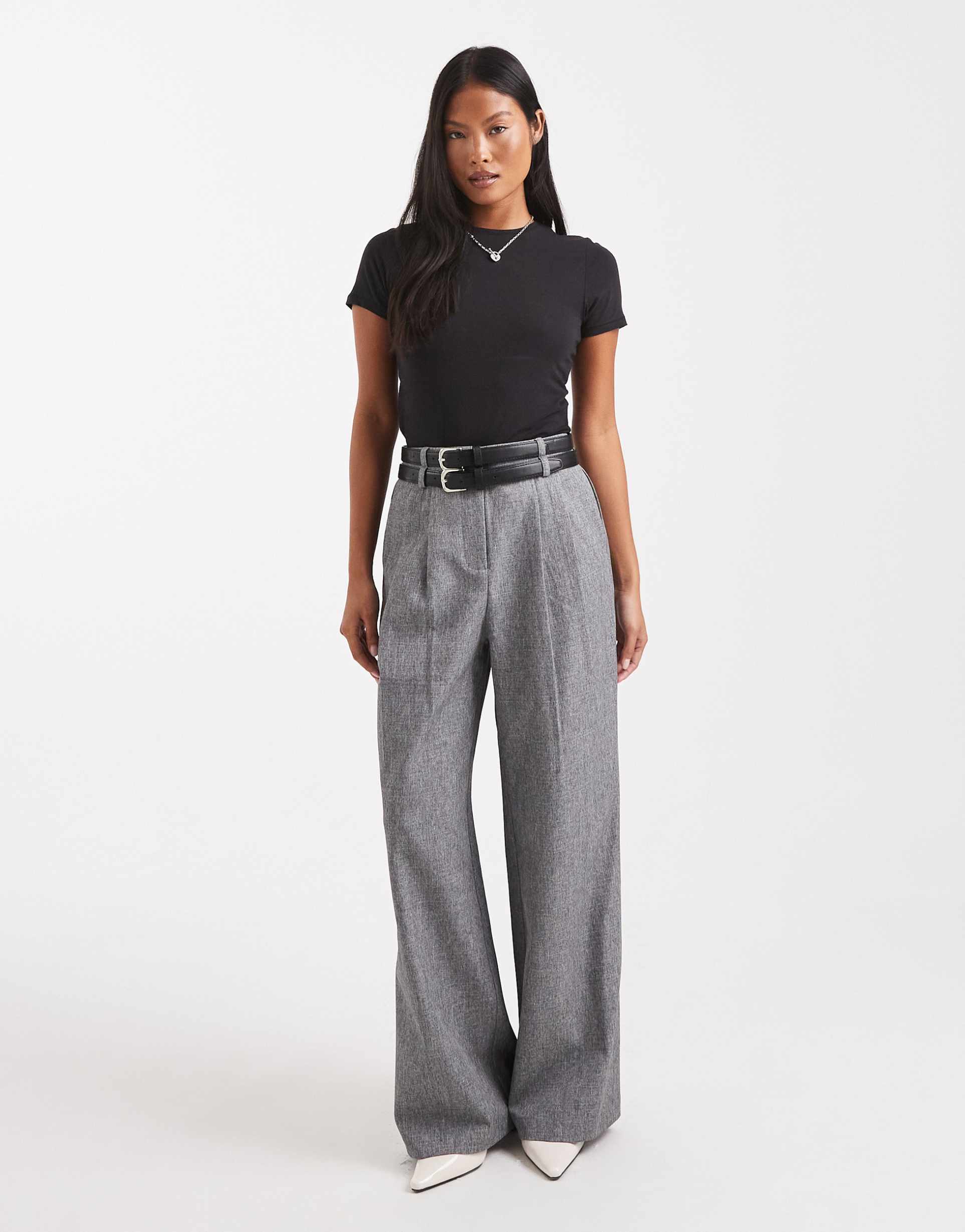 4th & reckless petite double belt detail wide leg tailored pants in gray