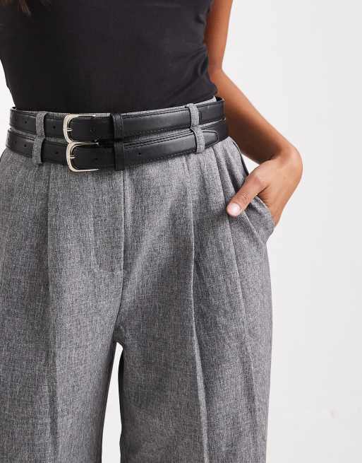 4th & Reckless Petite double belt detail wide leg tailored trousers in grey, 3 of 5