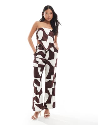 4th & Reckless Petite 4th & Reckless Petite drawstring satin wide leg trousers co-ord in brown geo print-Multi