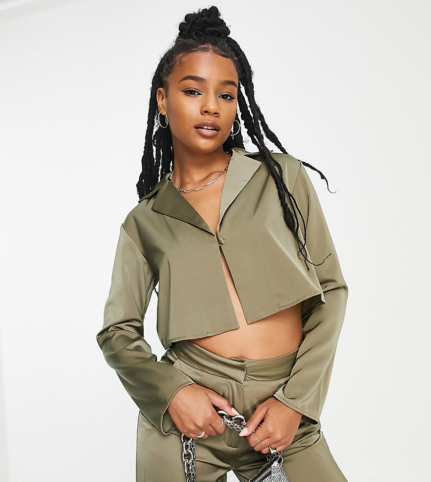 4th & Reckless Petite exclusive clasp detail satin shirt co-ord in khaki-Green