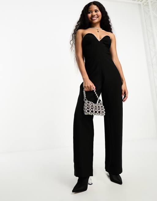 4th Reckless Petite exclusive diamante trim sweetheart neckline flared jumpsuit in black ASOS