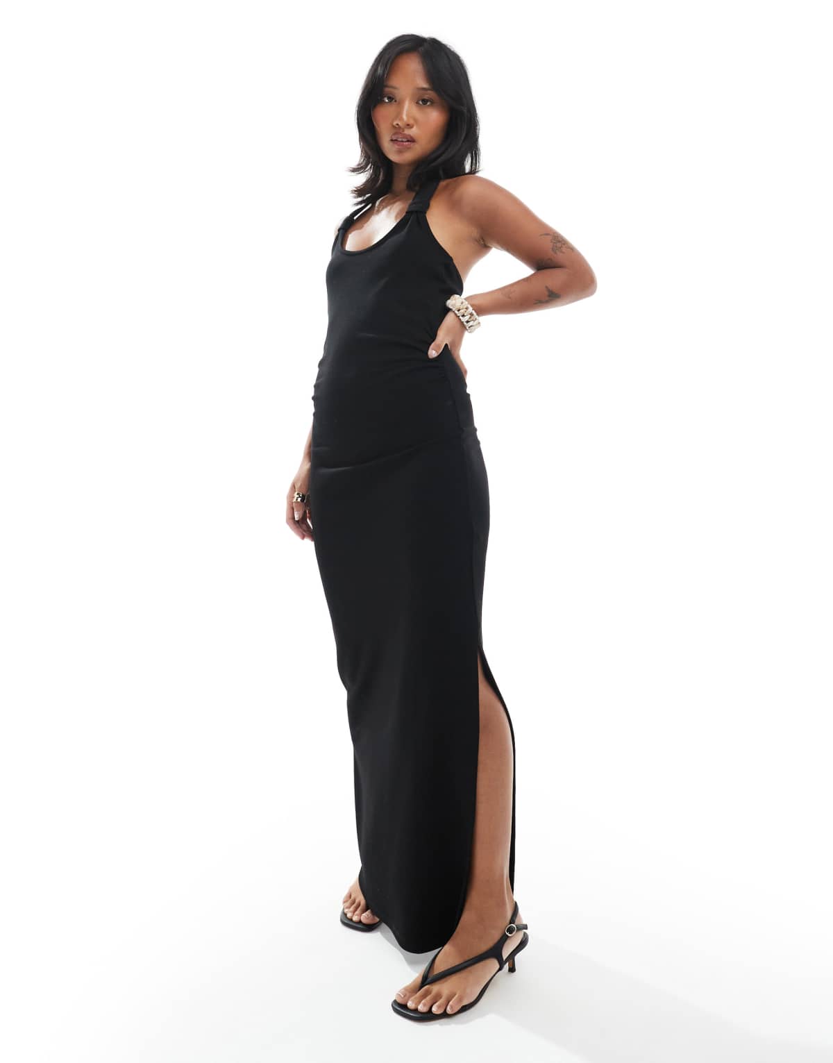 4th & Reckless Petite exclusive knot detail halterneck maxi dress in black
