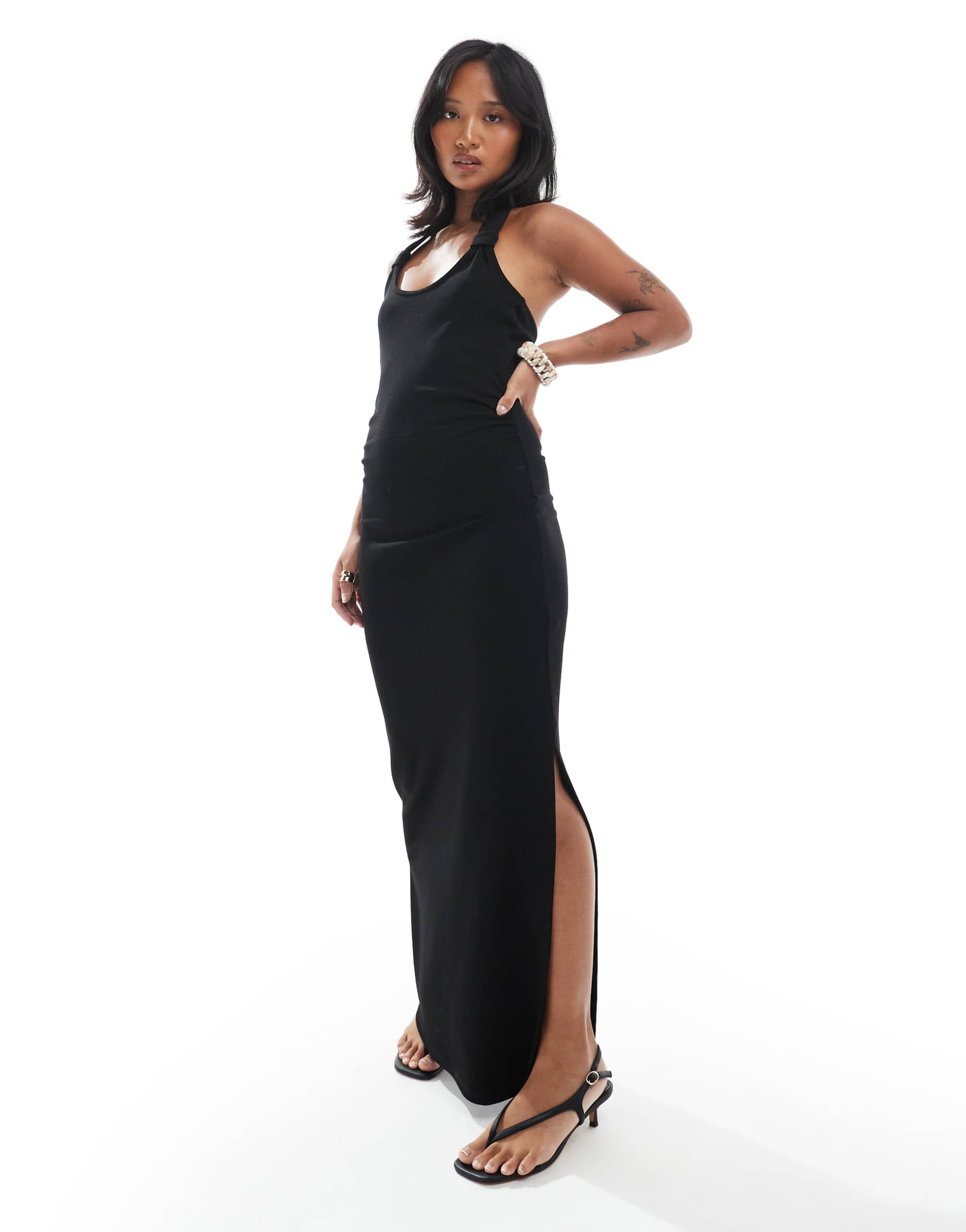 4th & reckless petite exclusive knot detail halterneck maxi dress in black