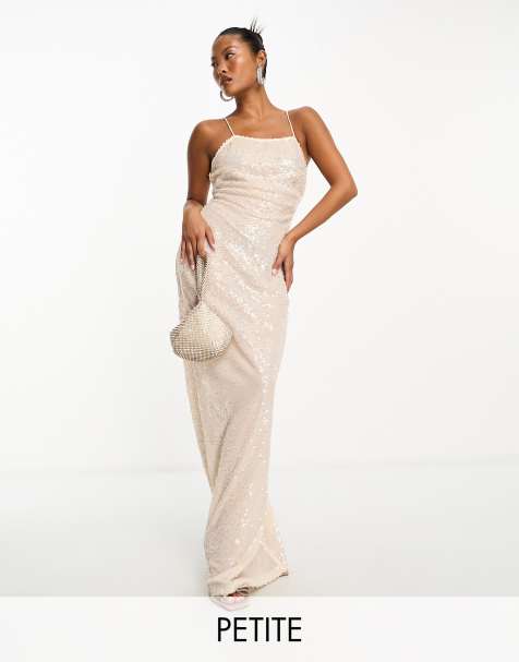 4th & Reckless Petite exclusive sequin square neck low cross back maxi dress in cream