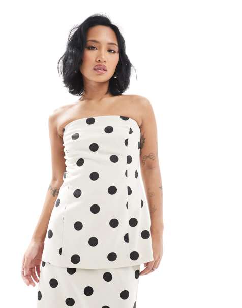 4th & Reckless Petite exclusive linen blend bandeau longline top co-ord in cream polka dot