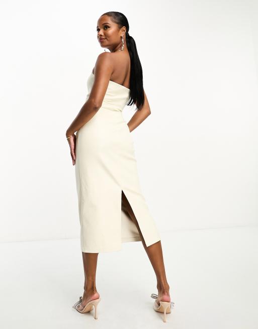 4th & Reckless Petite exclusive leather look bandeau midi dress in cream, 3 of 4