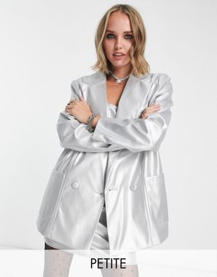 4th & Reckless Petite exclusive leather look oversized blazer co-ord in silver