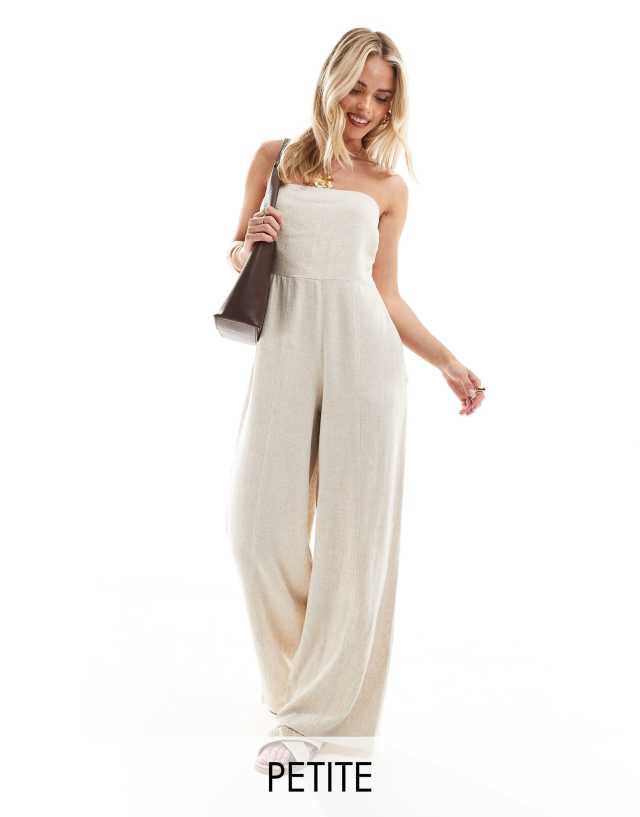 4th & Reckless Petite - exclusive linen bandeau wide leg jumpsuit in beige