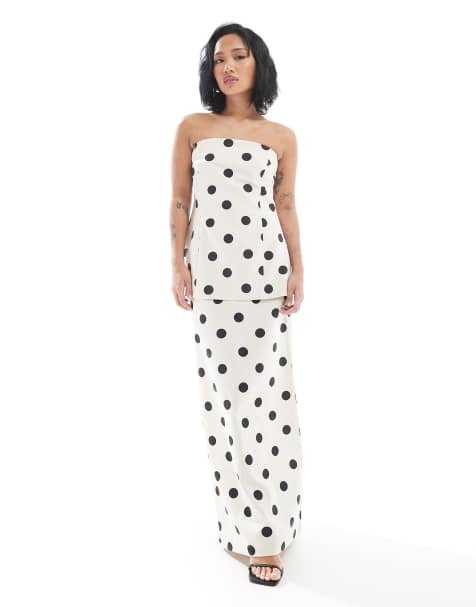 4th & Reckless Petite exclusive linen blend bandeau longline top and maxi skirt set in cream polka dot - view 1