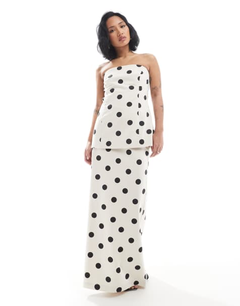 4th & Reckless Petite exclusive linen blend maxi skirt co-ord in cream polka dot - view 1