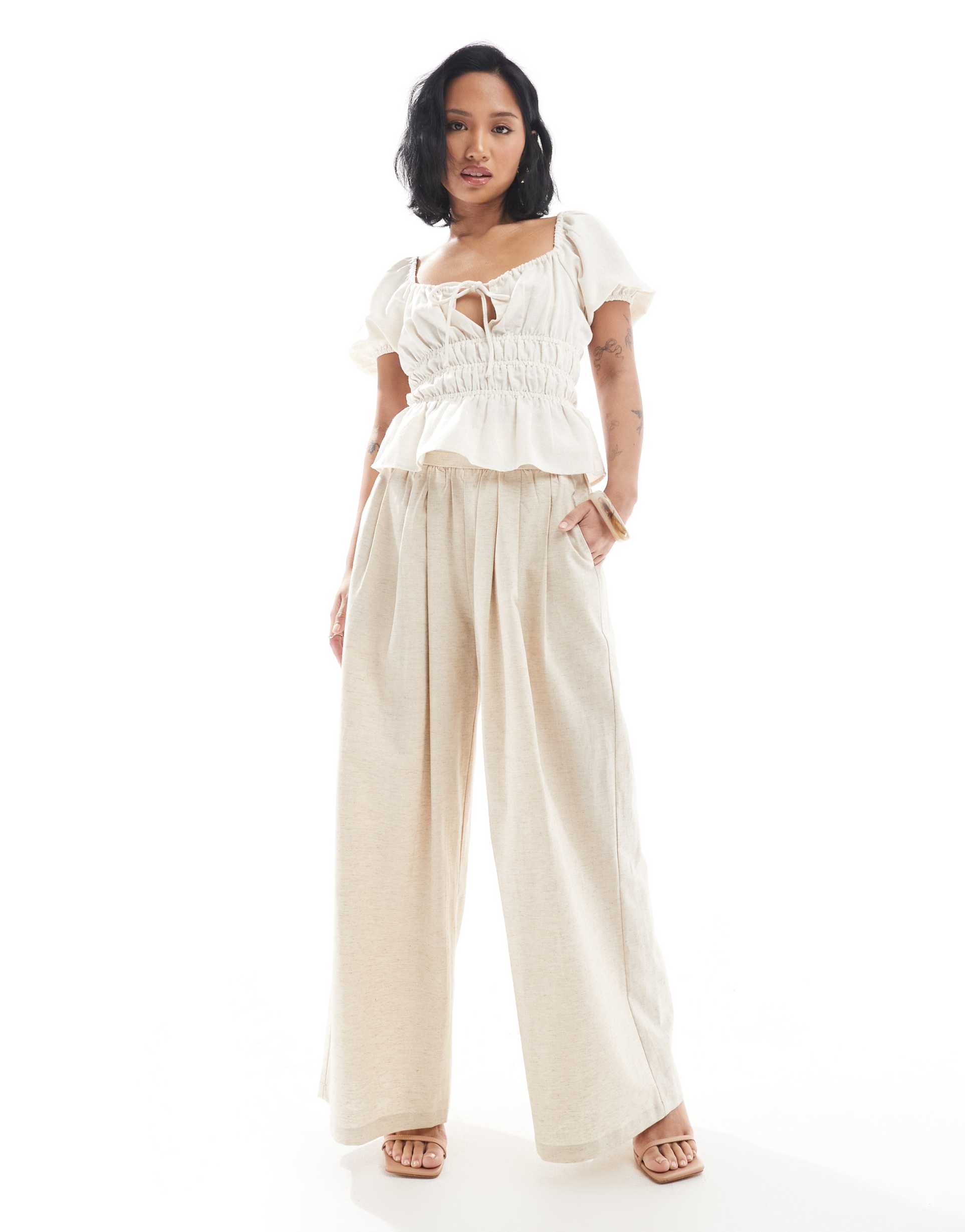 4th & reckless petite exclusive linen blend tailored ruched waistband wide leg pants in beige