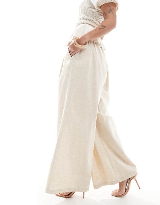 4th & Reckless Petite exclusive linen blend tailored ruched waistband wide leg pants in beige