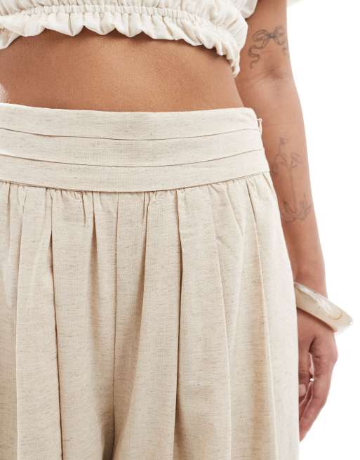 4th & Reckless Petite exclusive linen blend tailored ruched waistband wide leg pants in beige